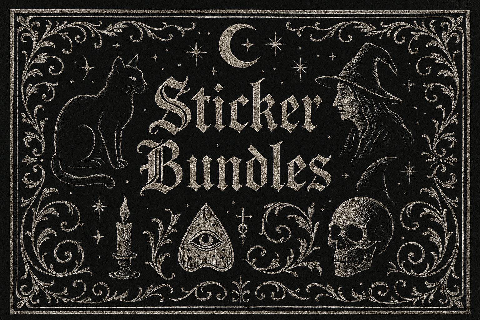 a classical witchy advert that says "Sticker Bundles", black, silver, white color scheme